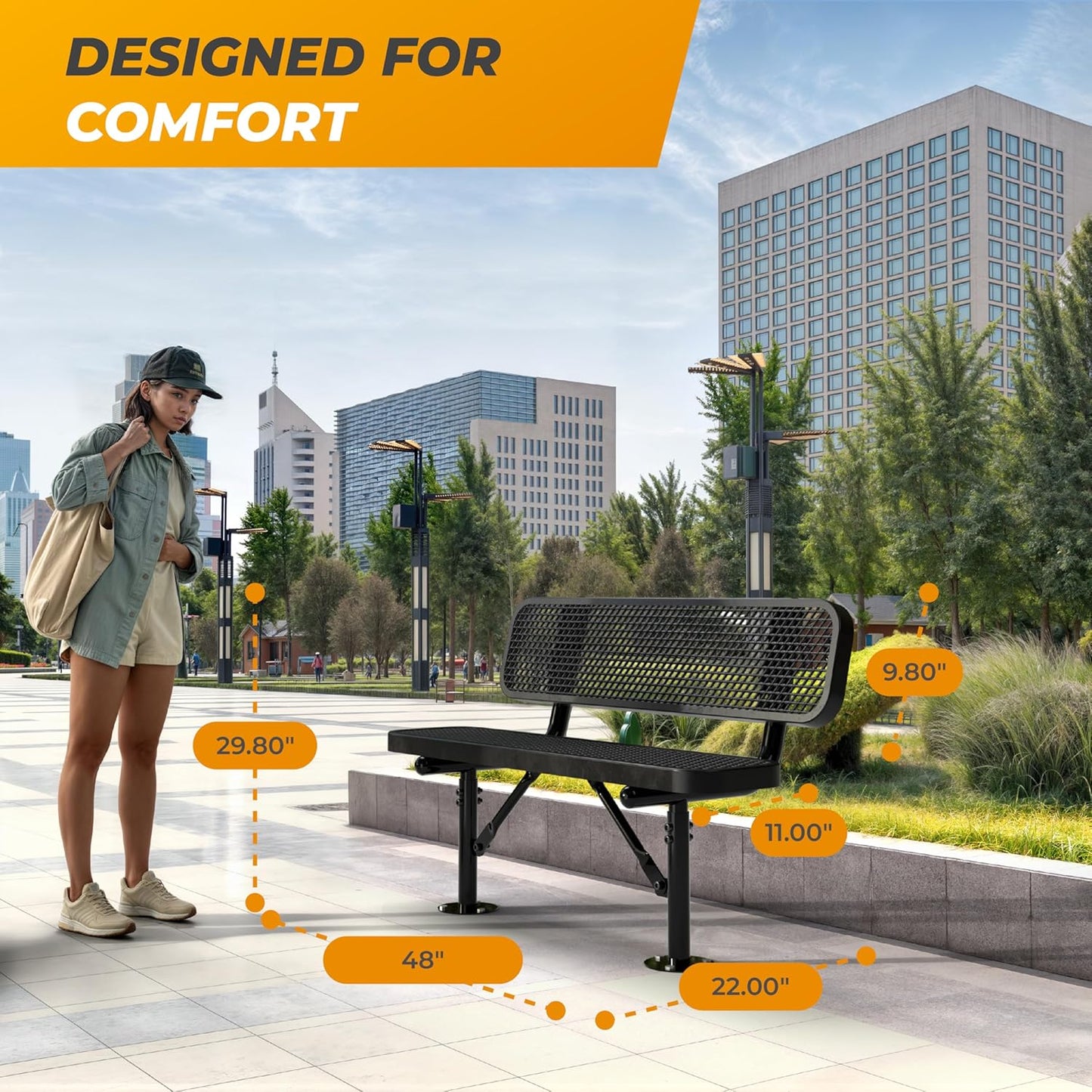 Heavy-Duty Outdoor Metal Bench, Thermoplastic-Coated, Surface, Weatherproof, Commercial-Grade for Parks, Gardens, Patios, Stores & More (4 Ft - Surface with Back, Black)