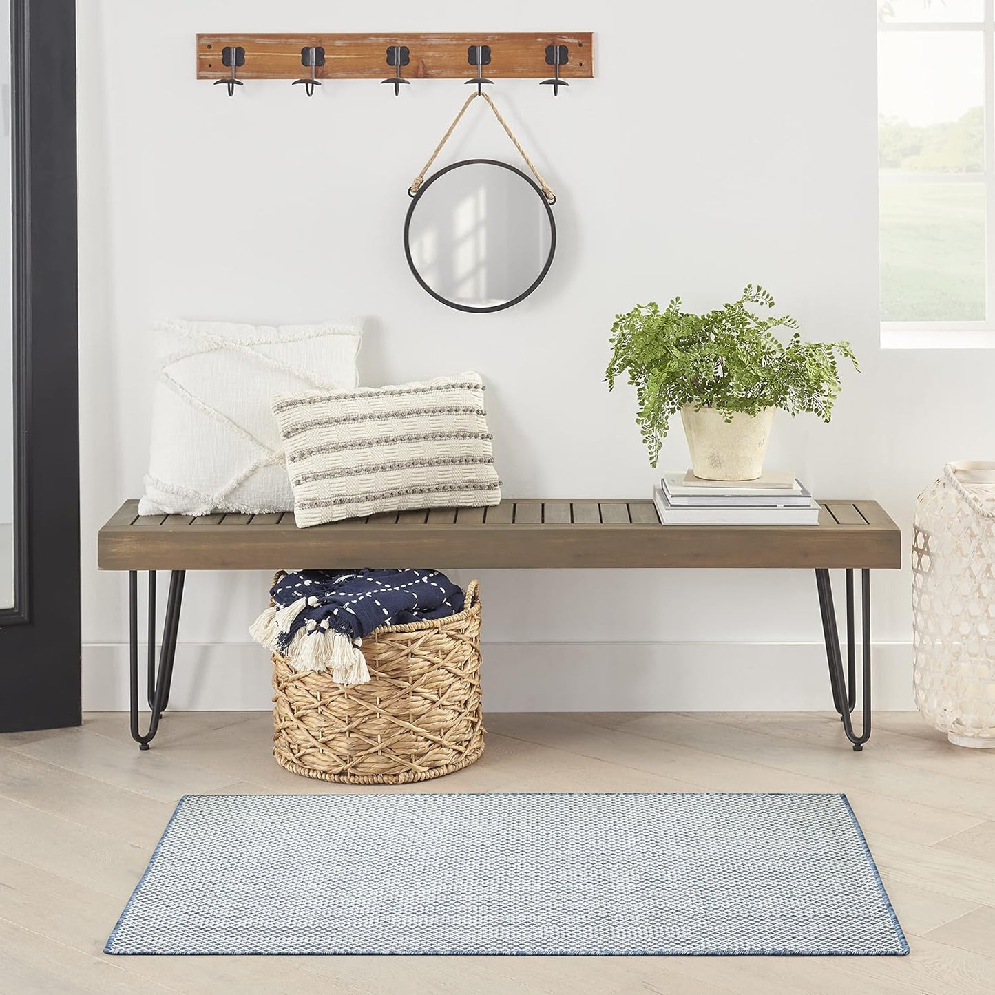 Nourison Courtyard Indoor/Outdoor Ivory Blue 3' x 5' Area Rug, Geometric, Easy Cleaning, Non Shedding, Bed Room, Living Room, Dining Room, Deck, Patio, Backyard (3x5)