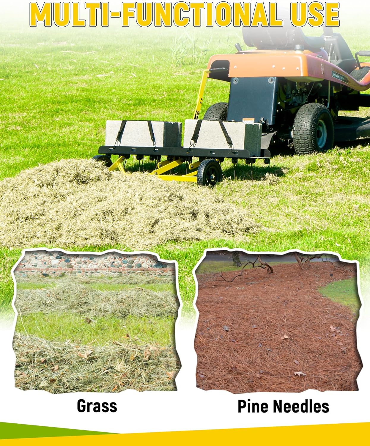 48 Inch Tow Behind Dethatcher, Pull Behind Lawn Dethatcher with 24 Spring Steel Tines, Grass Dethatcher, Removes Thatch, Riding Lawn Tractor for Large Lawns, Yard and Garden Care