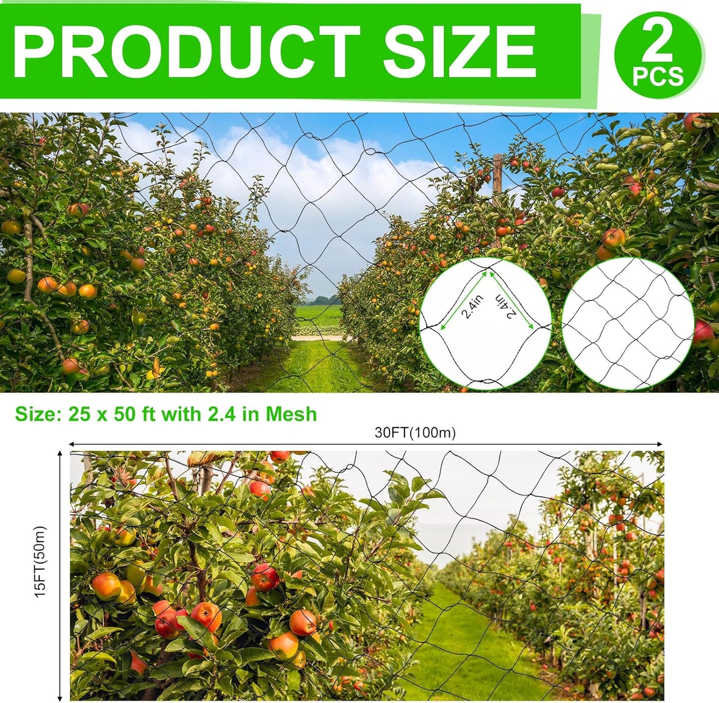 Windyun 2 Pcs Bird Netting 50' x 100' Bird Net Chicken Coop 2.4" Mesh Heavy Duty Deer Fence Aviary Net Reusable Fruit Tree Poultry Barrier for Garden Protection Vineyard Against Hawk Squirrel, Black