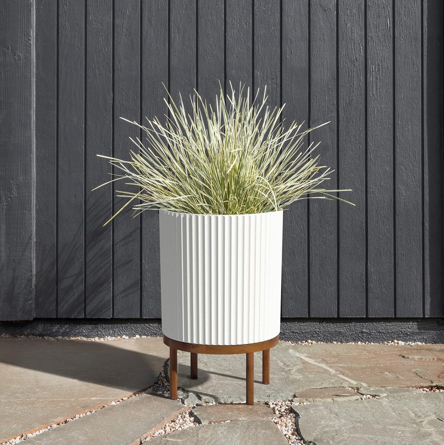 Veradek Demi Series Round Planter w/ Stand for Porch/Patio | Durable Plastic-Concrete & Wooden Stand | Modern Décor for Tall Plants, Flowers