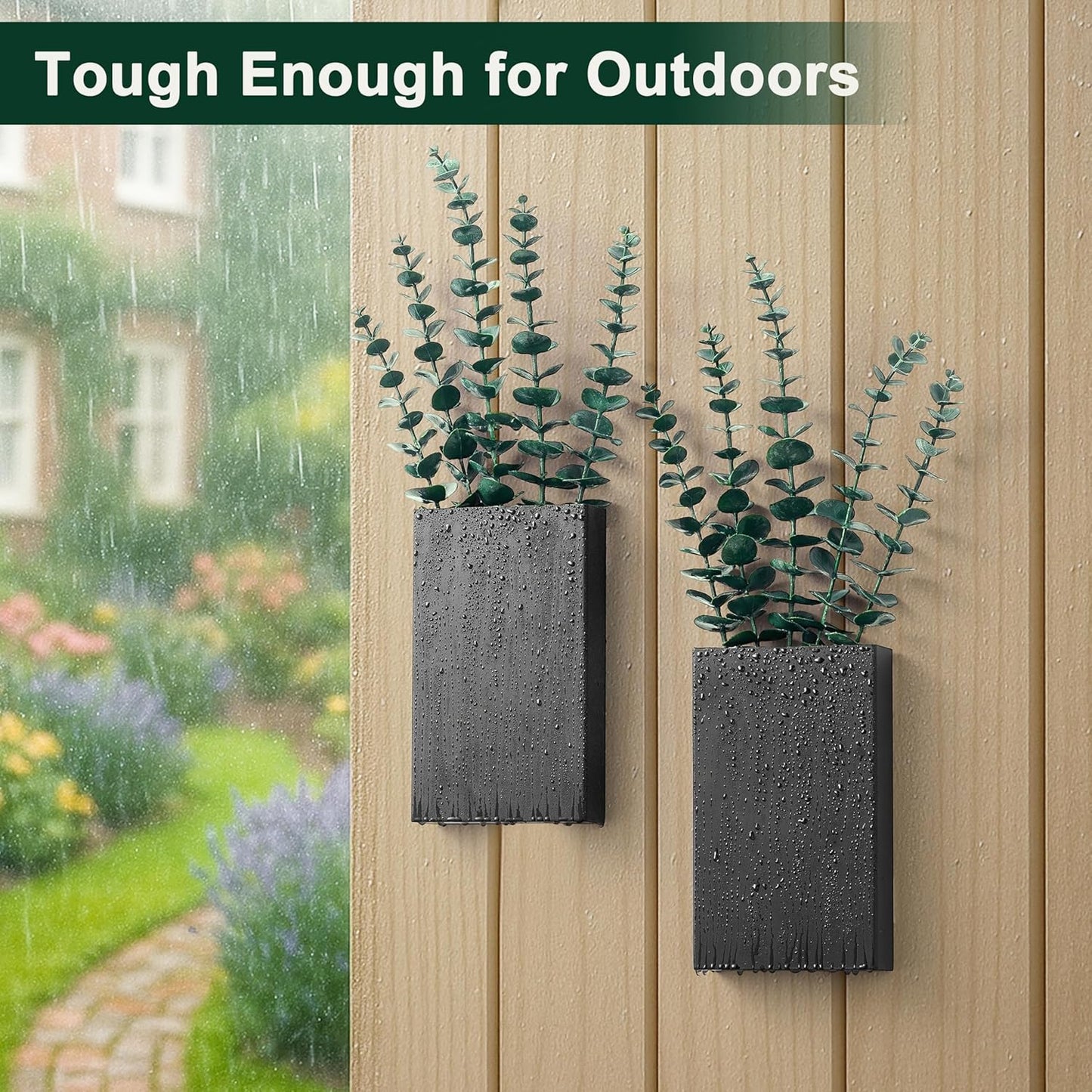 2 Pack Metal Wall Planter Vases Decor with Artificial Eucalyptus, Modern Farmhouse Rustic Hanging Pocket Planters for Indoor Greenery and Flowers, Living Room Bedroom Kitchen Decoration, Black