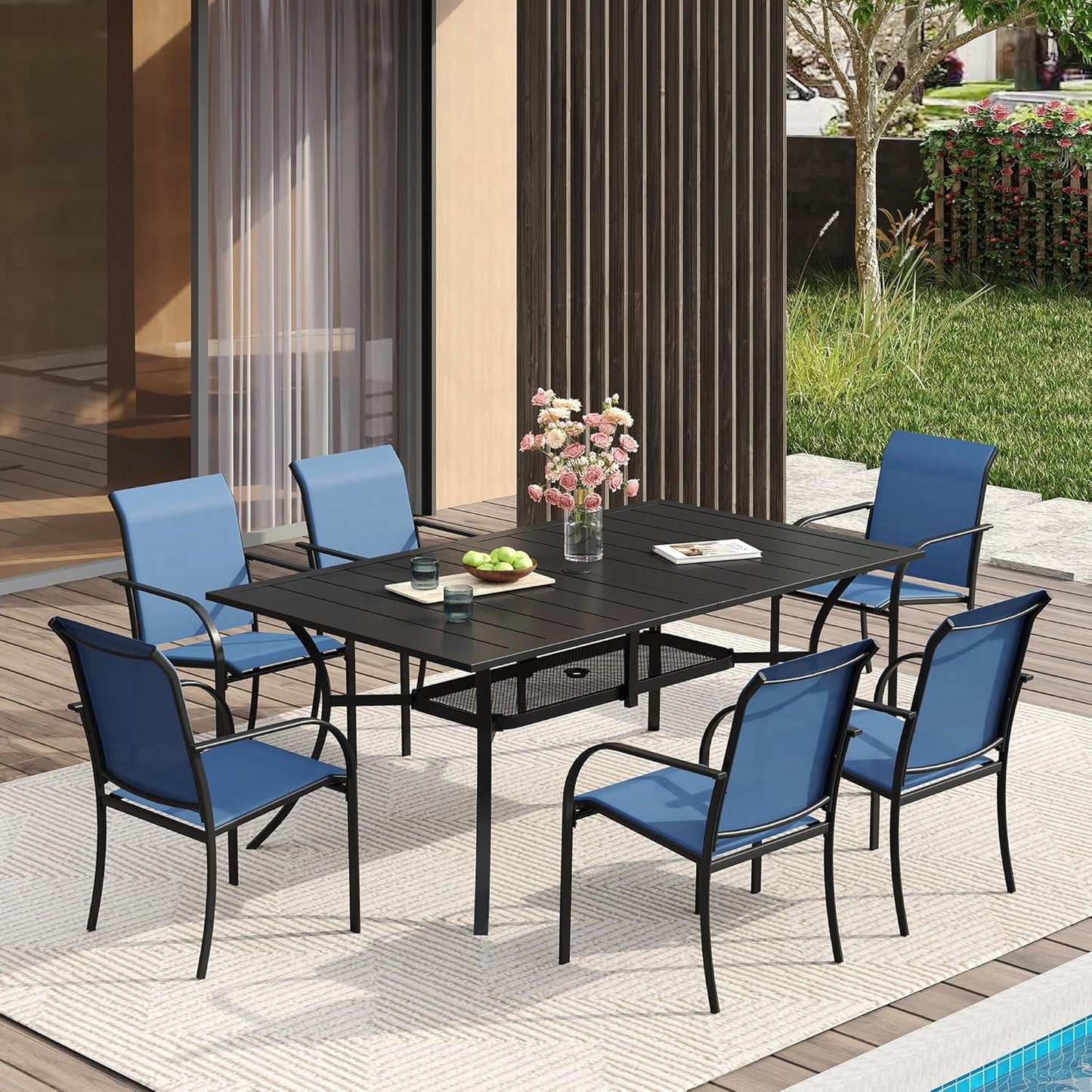 VICLLAX 7 Pieces Patio Dining Set for 6, Outdoor Furniture Set Includes 59" Rectangle Outdoor Table and 6 Stackable Patio Sling Chairs, Black Tabletop and Blue Fabric