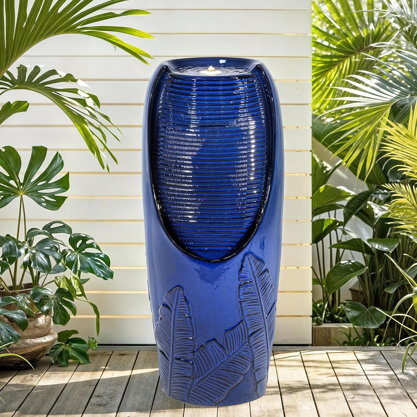 Autodaya 33" H Outdoor Garden Fountain with LED Lights, Modern Ceramic Jar Water Fountain, 3D Tropical Leaf Pattern, Cobalt Blue Glaze, Soothing Cascading Waterfall for Relaxing Patio, Yard, Porch