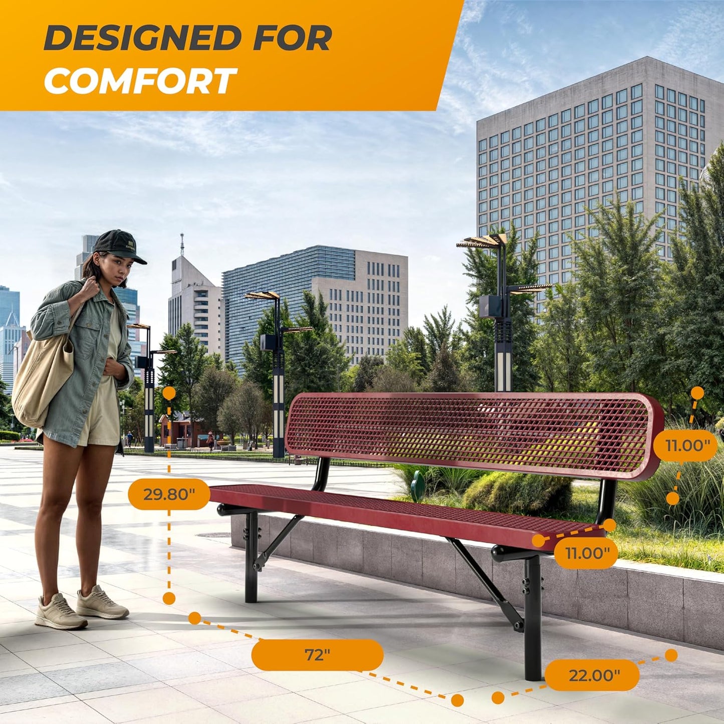 Heavy-Duty Outdoor Metal Bench, Thermoplastic-Coated, Inground, Weatherproof, Commercial-Grade for Parks, Gardens, Patios, Stores & More (6 Ft - Inground with Back, Red)