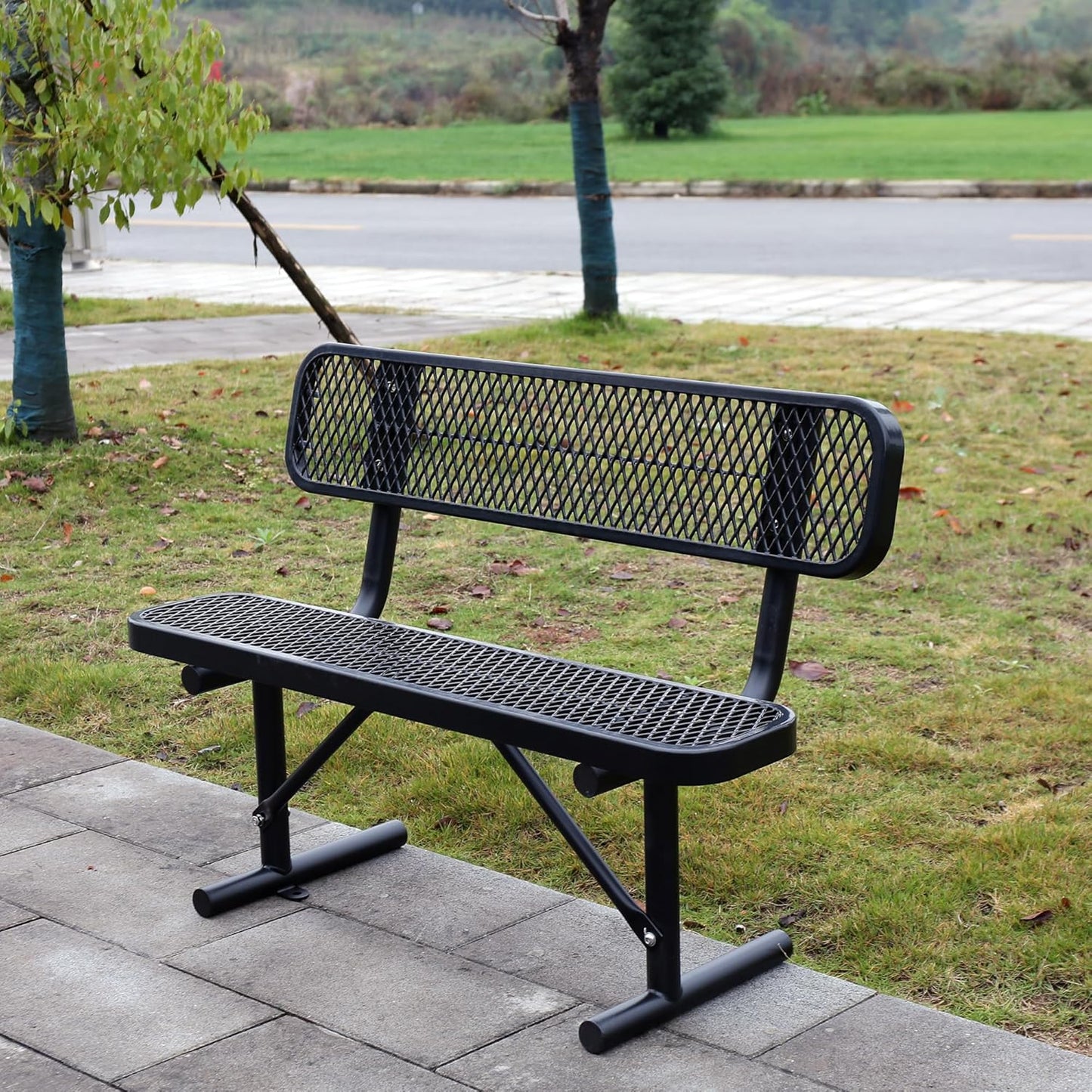 4 Feet Heavy Duty Metal Park Bench for Outside, Outdoor Bench with Backrest & Portable Frame, Commercial Benches for Shopping Malls, Stores, Parks, Patios, Decks, Black