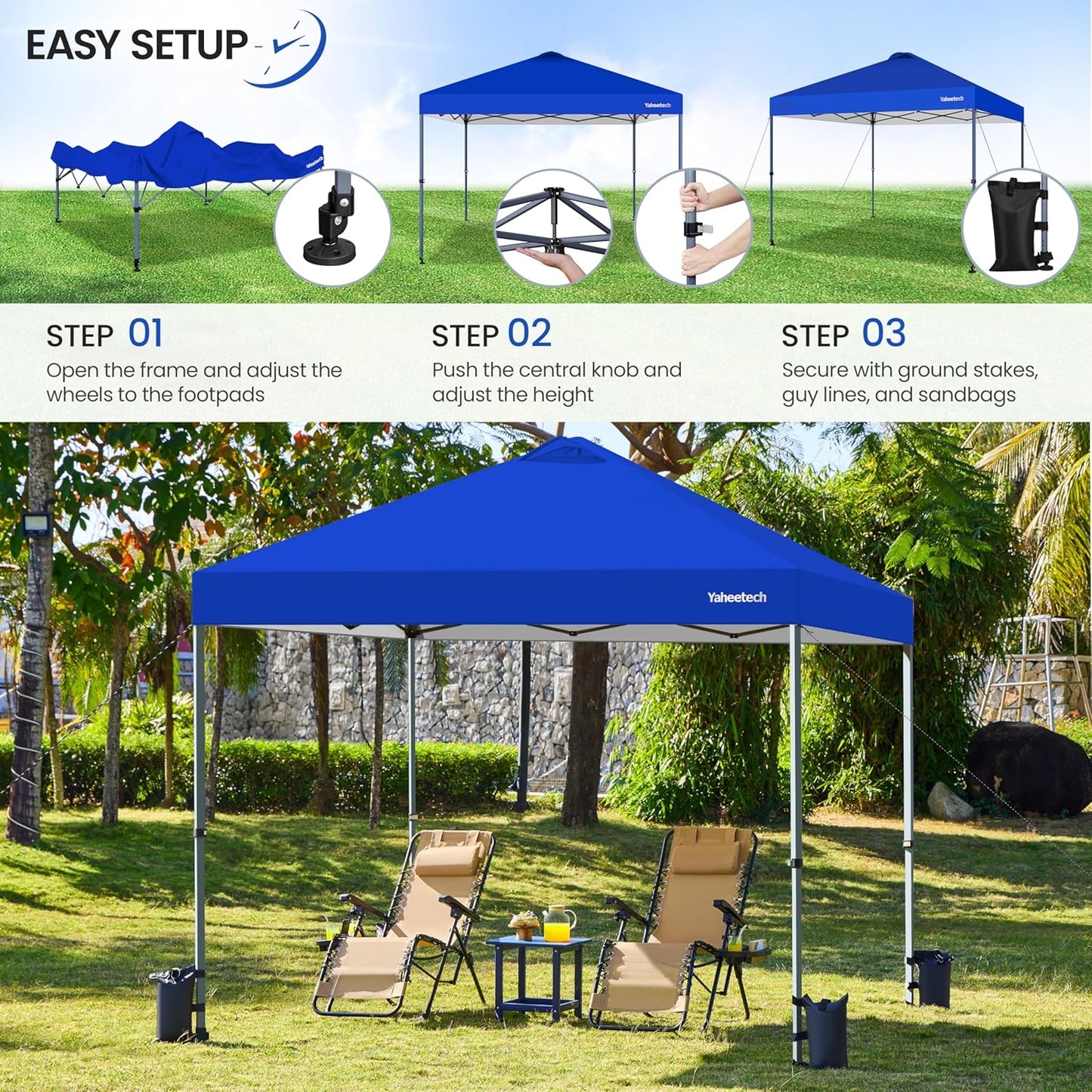 Yaheetech 10x10 Pop-up Canopy Tent w/ 2 Integrated Wheels for Mobility, Waterpoof & Heavy Duty, Instant Sun Shelter with Carry Bag, Weight Bags for Outdoor Camping Beach Patio Parties, Blue