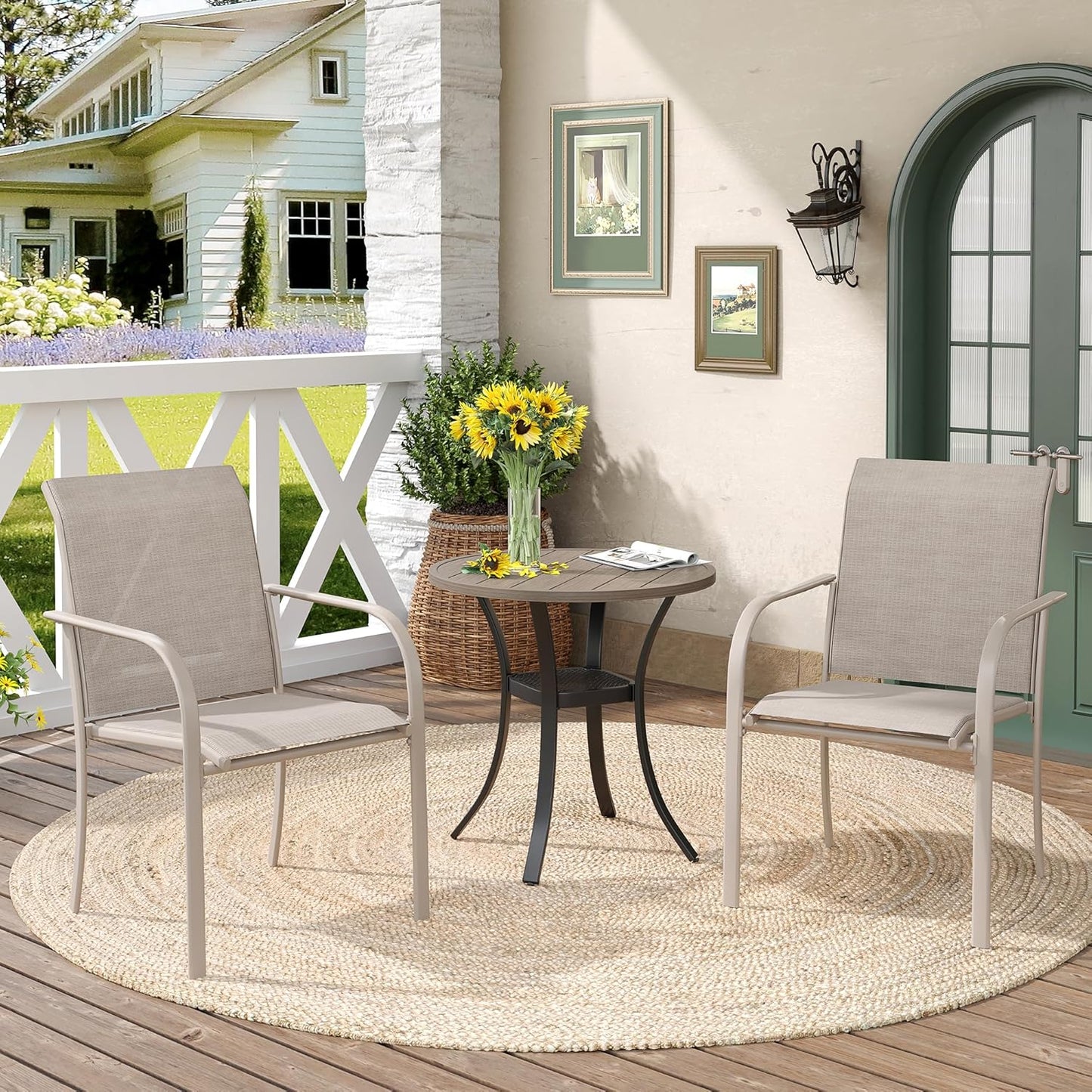 DIFY 27.6" Round Patio Dining Table, Outdoor Bistro Table with Rust Resistant Metal Frame, Ideal for Lawn, Backyard and Deck, Grey Wood-Like