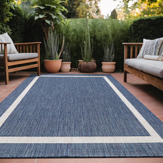Bordered Outdoor Rug 6x9 Washable Outside Carpet for Indoor Patio Porch Waterproof Easy Cleaning Non Shedding Area Rugs Blue 6 x 9