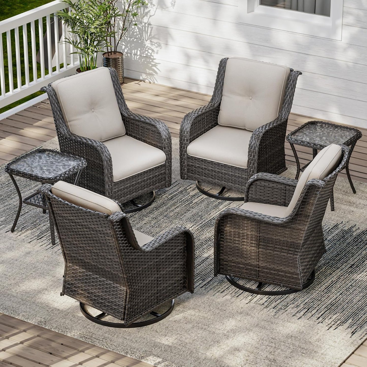 6 Pieces Outdoor Furniture Set - Patio Wicker Swivel Rocker Chair Set of 4 and 2 Side Table, Beige, Mixed Brown Rattan, Suitable for Porch, Yard
