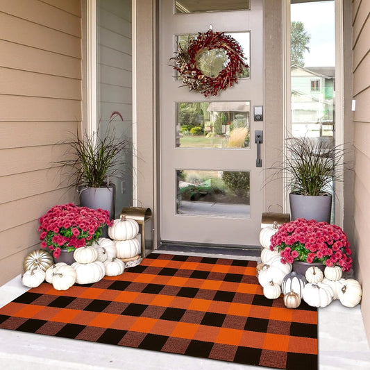 IOHOUZE Fall Buffalo Plaid Check Rug Outdoor Doormat 3x5 Ft Washable Woven Outdoor Indoor Welcome Mats for Front Door/Farmhouse/Entryway/Home Entrance Black and Orange Outdoor Rug
