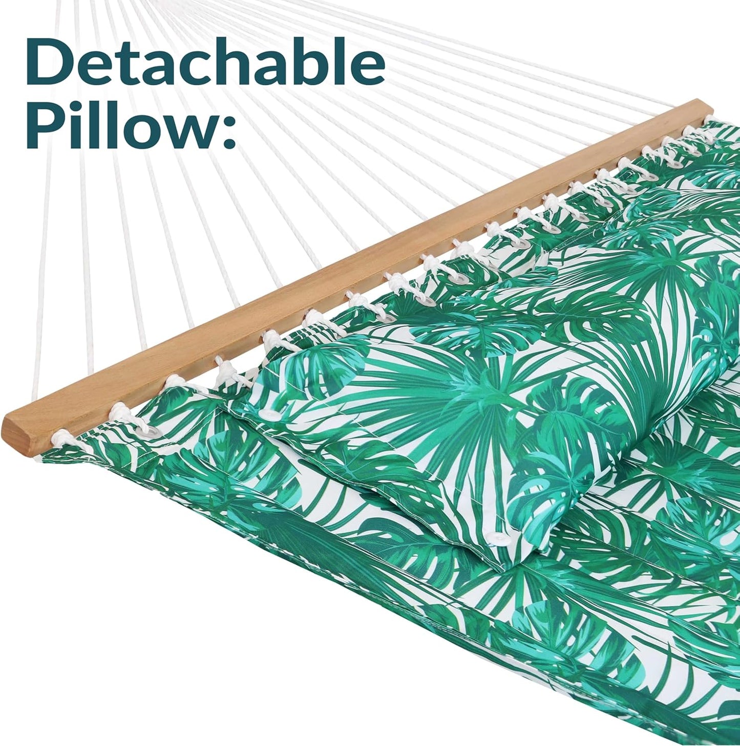 Sunnydaze Quilted Outdoor Hammock with Spreader Bars - Heavy-Duty 450-Pound Capacity Double Hammock for Outside - Green Palm Leaves