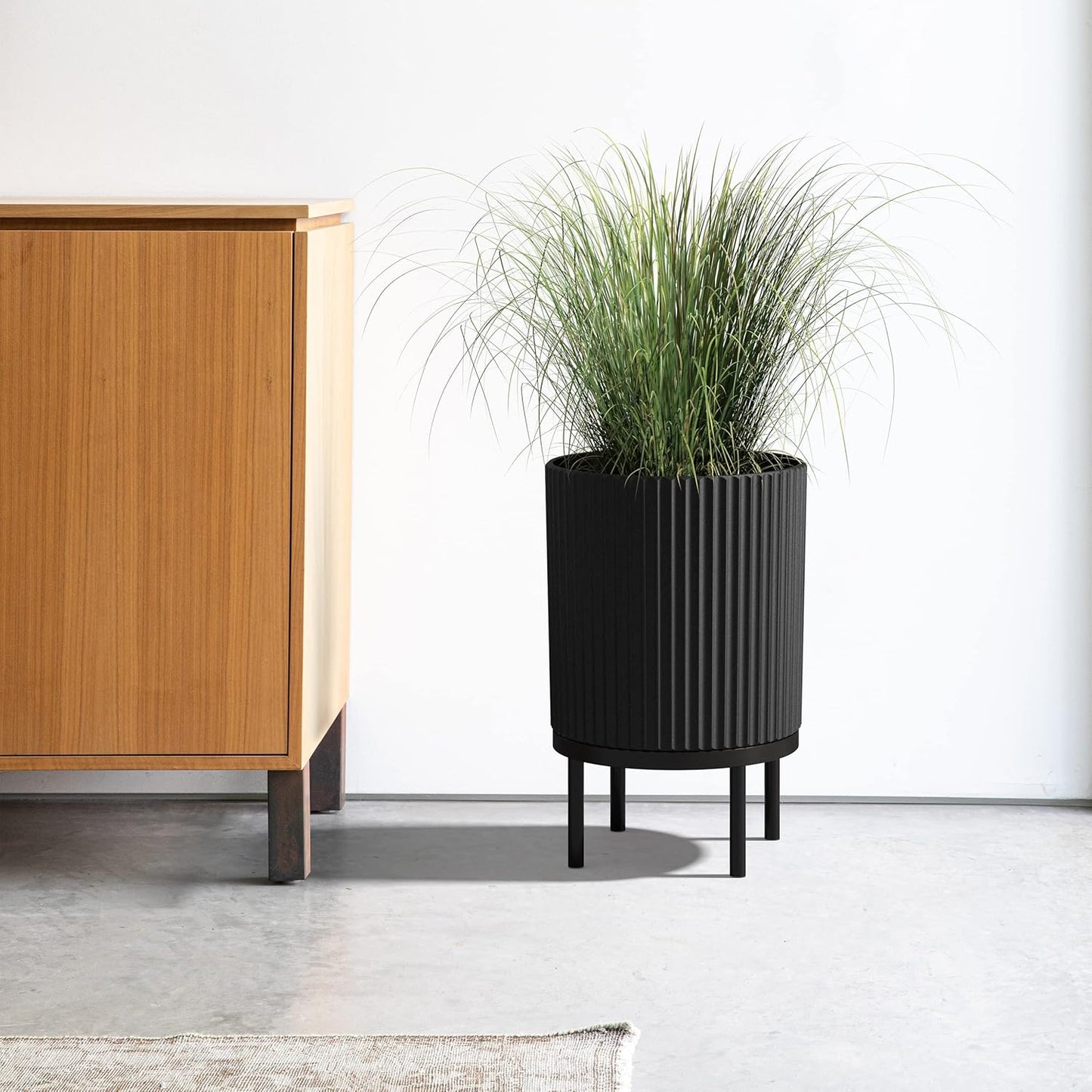 Veradek Demi Series Round Planter w/ Stand for Porch/Patio | Durable Plastic-Concrete & Wooden Stand | Modern Décor for Tall Plants, Flowers