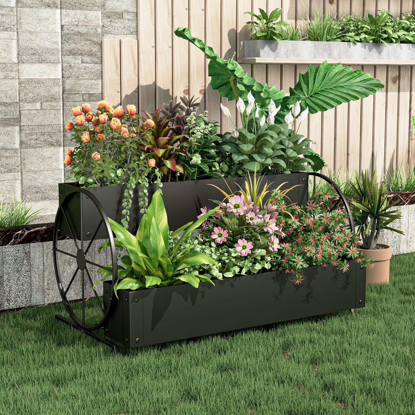 Metal Wagon Planter Box, 2-Tier Garden Planter with Wagon Wheels, Decorative Outdoor Planters for Flowers Herbs Vegetables, Flower Cart Small Raised Garden Bed for Patio, Balcony (Black)