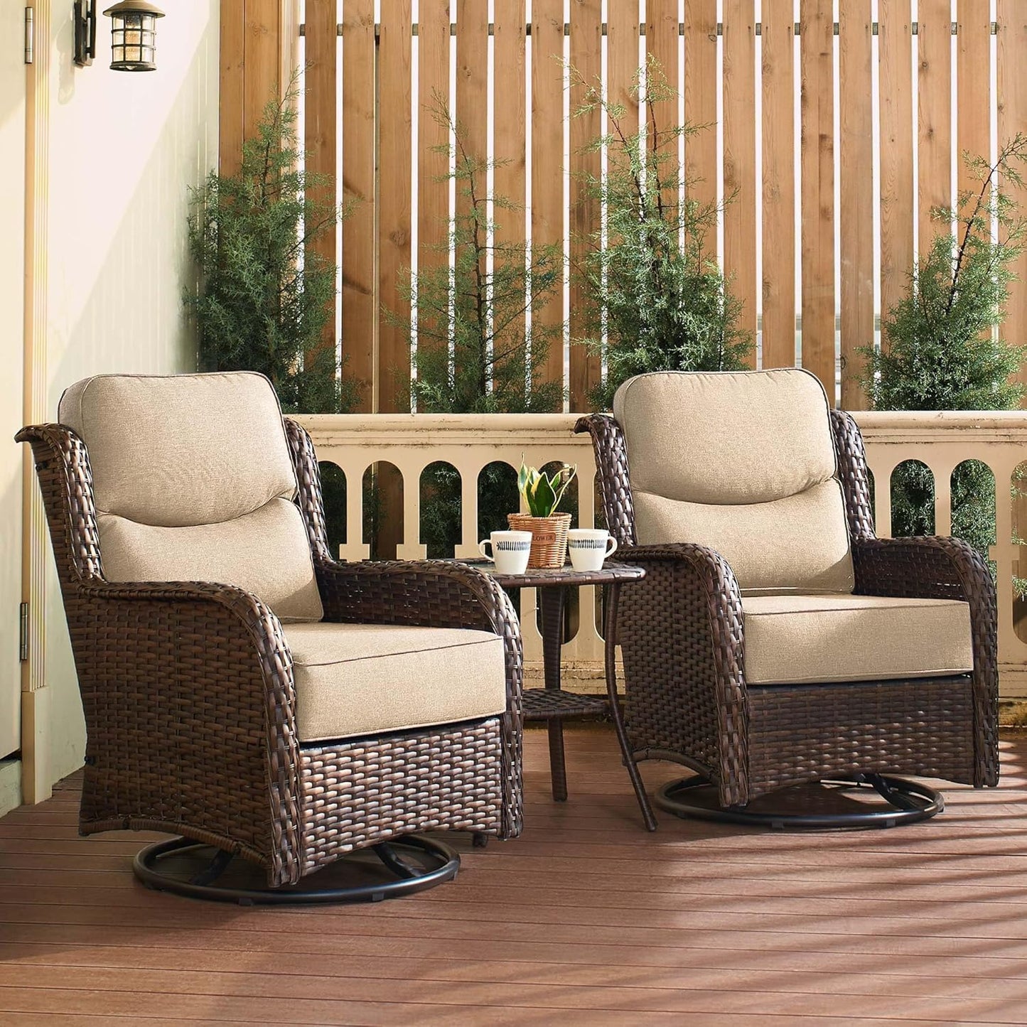 HILLGA Luxury Patio Furniture Set with 6-inch Thick Cushion, Outdoor High Back Swivel Rocker Patio Chairs, 3PCS Wicker Conversation Set for Deck Yard and Poolside, Beige (V2)