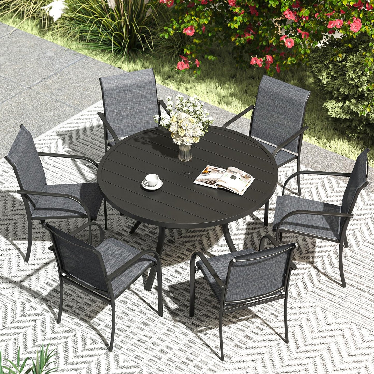 VICLLAX Patio Dining Set for 6, Outdoor Furniture Set Includes 47.2" Round Patio Table and 6 Patio Sling Chairs, Black Tabletop and Grey Fabric