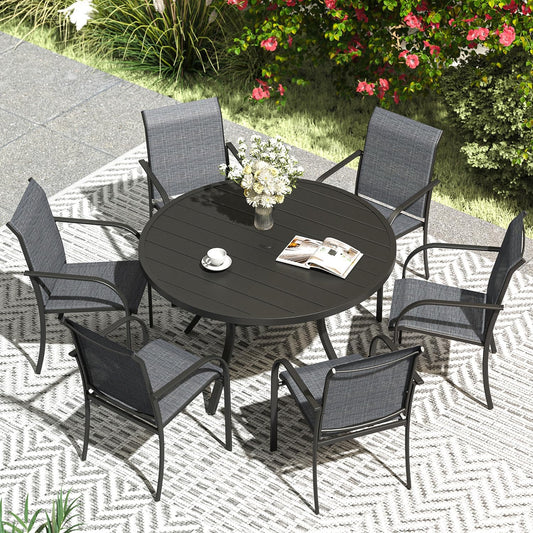 VICLLAX Patio Dining Set for 6, Outdoor Furniture Set Includes 47.2" Round Patio Table and 6 Patio Sling Chairs, Black Tabletop and Grey Fabric