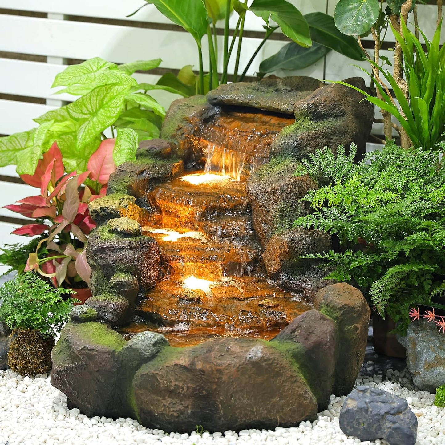 42.1" L Garden Water Fountain Outdoor, Floor Standing Mutiply Tiered Rock Outdoor Fountains with LED Lights and Pumps for Garden, Backyard, Porch, Patio and Home Art Decor