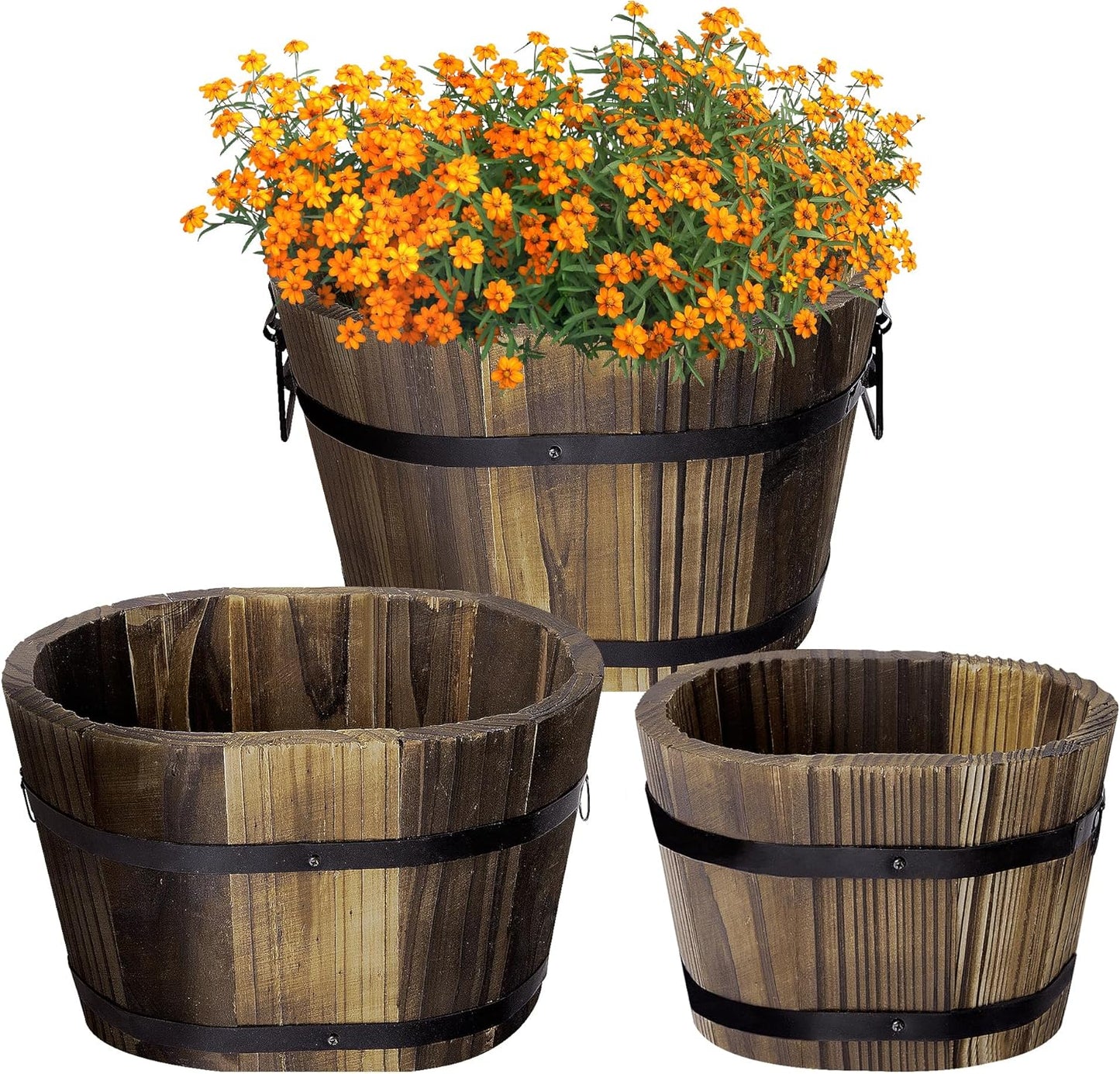 Adnee 3 Pcs Wooden Whiskey Barrel Planters - 3 Sizes Wooden Bucket Barrel Garden Planters Set - Rustic Flower Planters Pots Container for Indoor Outdoor Garden Home Plants(5.3",7.3",8.3")