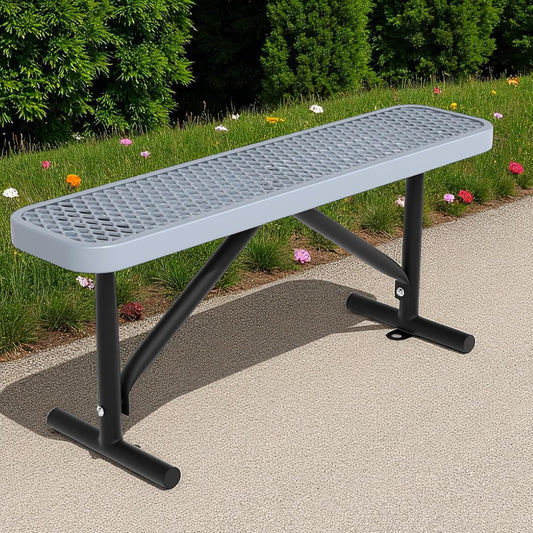 48" L Outdoor Steel Flat Bench, Heavy Duty Metal Park Bench for Outside, Expanded Metal, Commercial Benches Mesh Bench for Shopping Mall, Store, Lawn, Park, Patio, Deck, Garden (Grey, 4FT)
