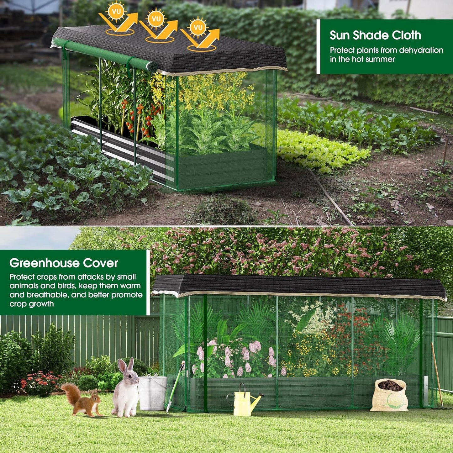 Onelike 7.6' x 3.6' x 3.6' Galvanized Raised Garden Bed with Crop Cage, Plant Protection Tent with Zippered Doors, Sun Shade Cloth, Garden Netting for Vegetables, Fruit Cage for Patio, Yard, Lawn