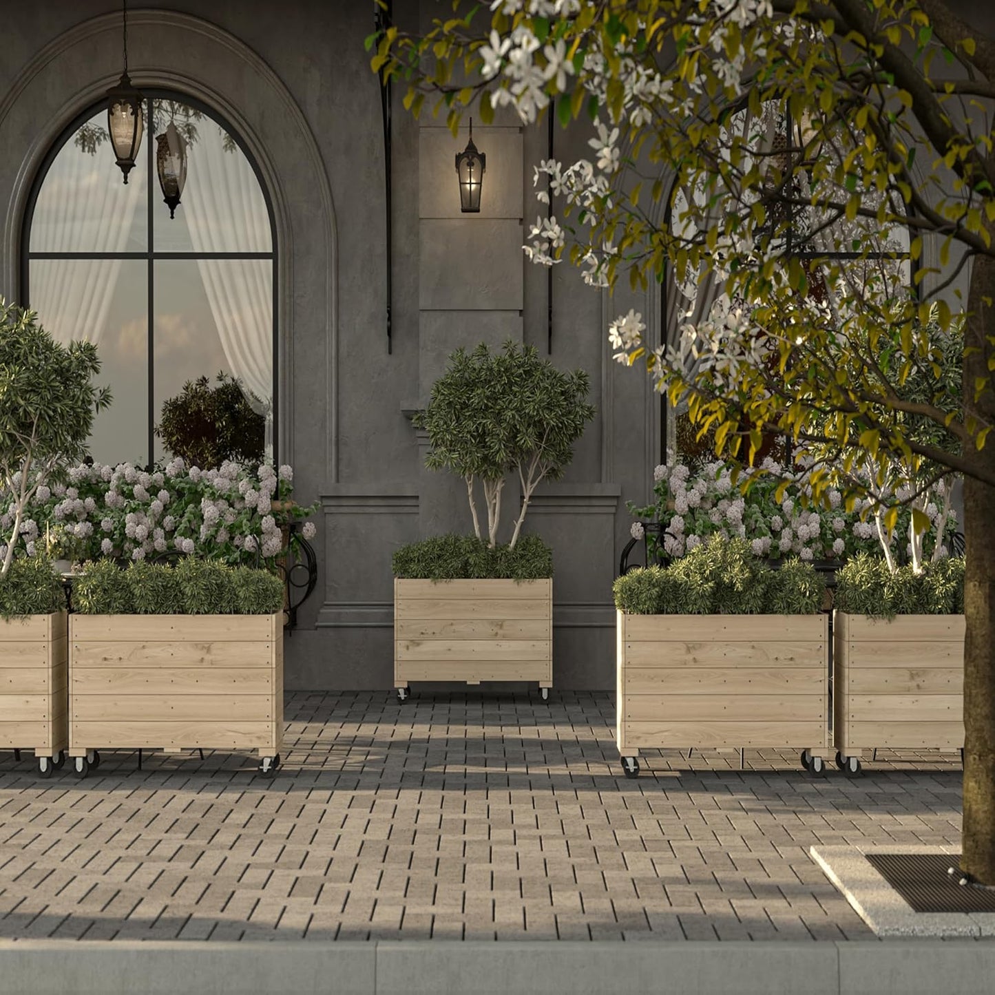 Generic 40x32x12in Indoor/Outdoor Mobile Wood Planter w/Lockable Wheels, Rolling Wood Planter Box Residential/Commercial