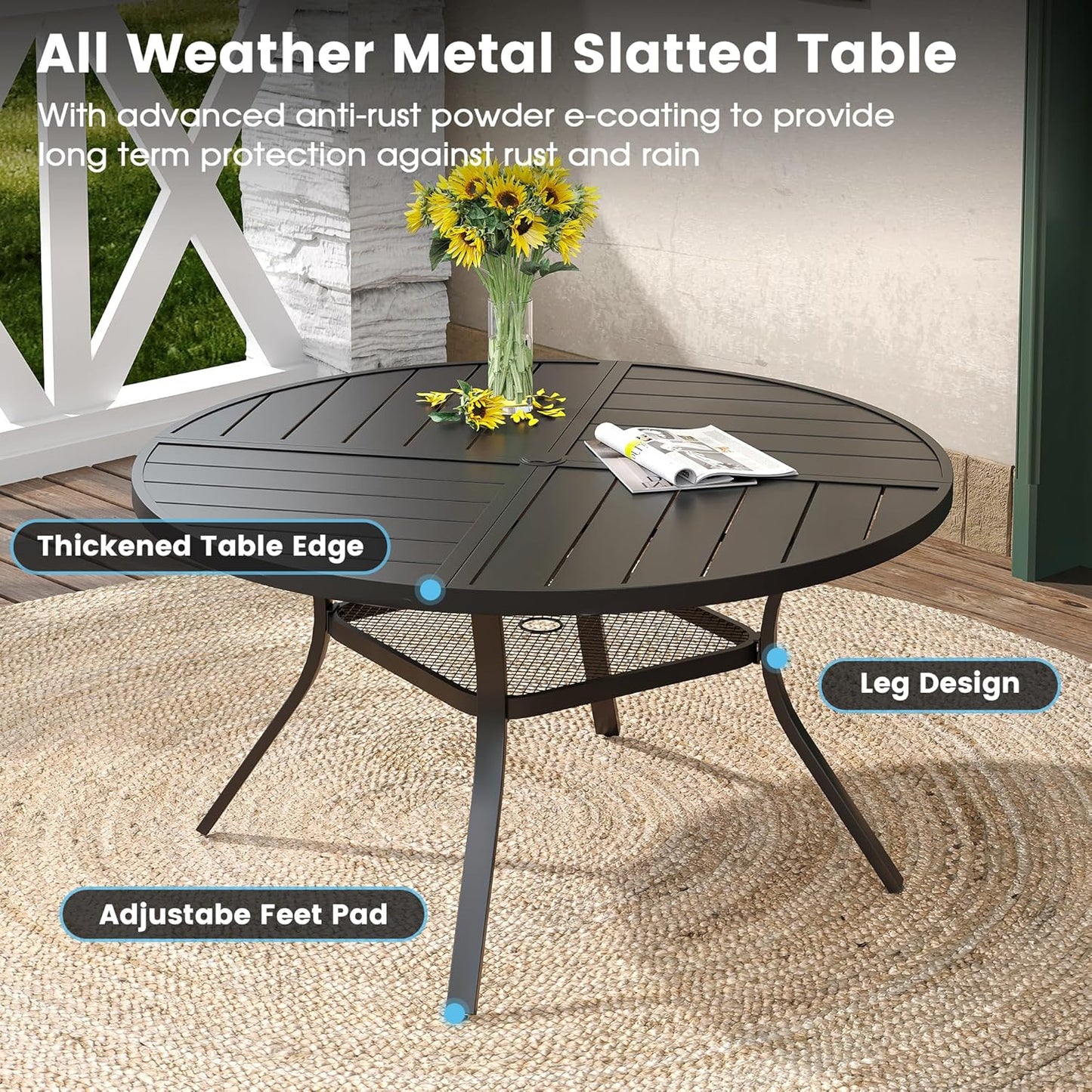 DIFY 47.2" Round Outdoor Patio Dining Table for 6, All-Weather Metal Steel Slatted Patio Table with 1.57" Adjustable Umbrella Hole, for Lawn Garden Porch Backyard, Black