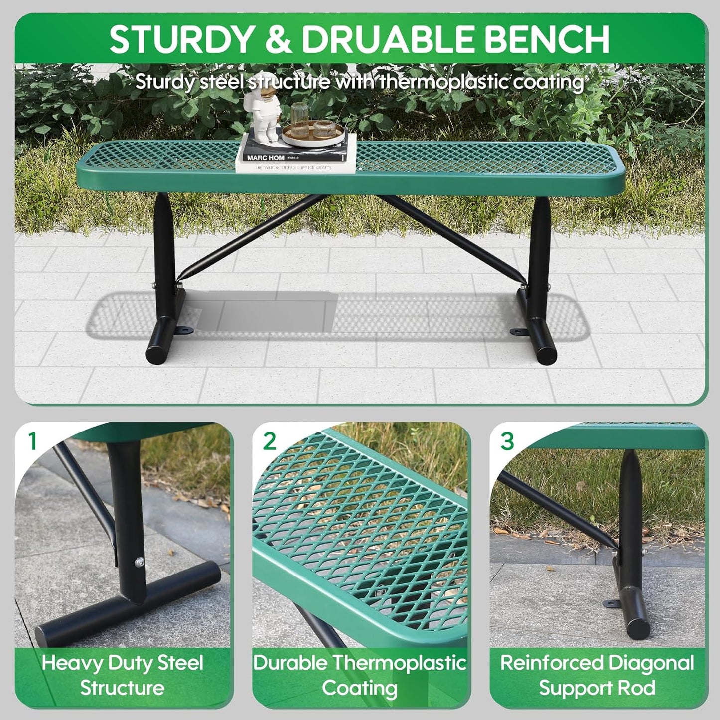 6 Feet Heavy Duty Metal Park Bench for Outside, Outdoor Bench with Portable Frame, Commercial Benches for Shopping Mall, Store, Park, Patio, Deck, Green