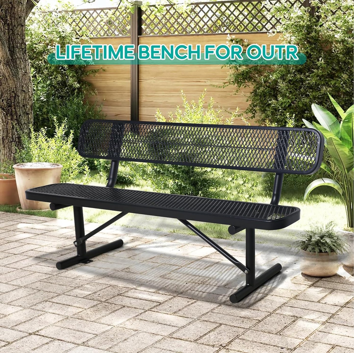 6FT Outdoor Metal Park Bench with Backrest, Outdoor Black Bench, Heavy-Duty Expanded Metal Picnic Bench Steel Mesh Portable Seating Patio Bench for Garden, Porch, Park,School,Road Sports