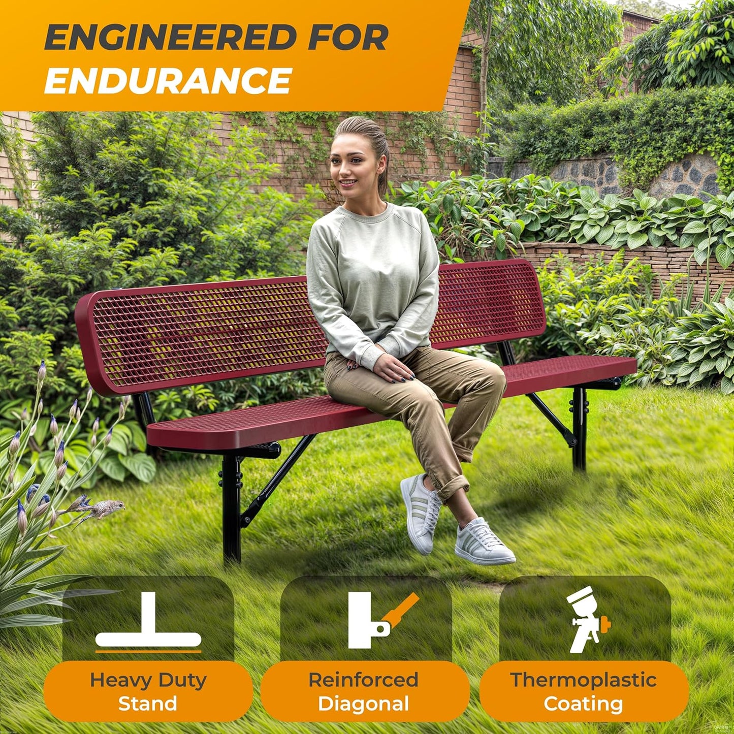 Heavy-Duty Outdoor Metal Bench, Thermoplastic-Coated, Inground, Weatherproof, Commercial-Grade for Parks, Gardens, Patios, Stores & More (8 Ft - Inground with Back, Red)