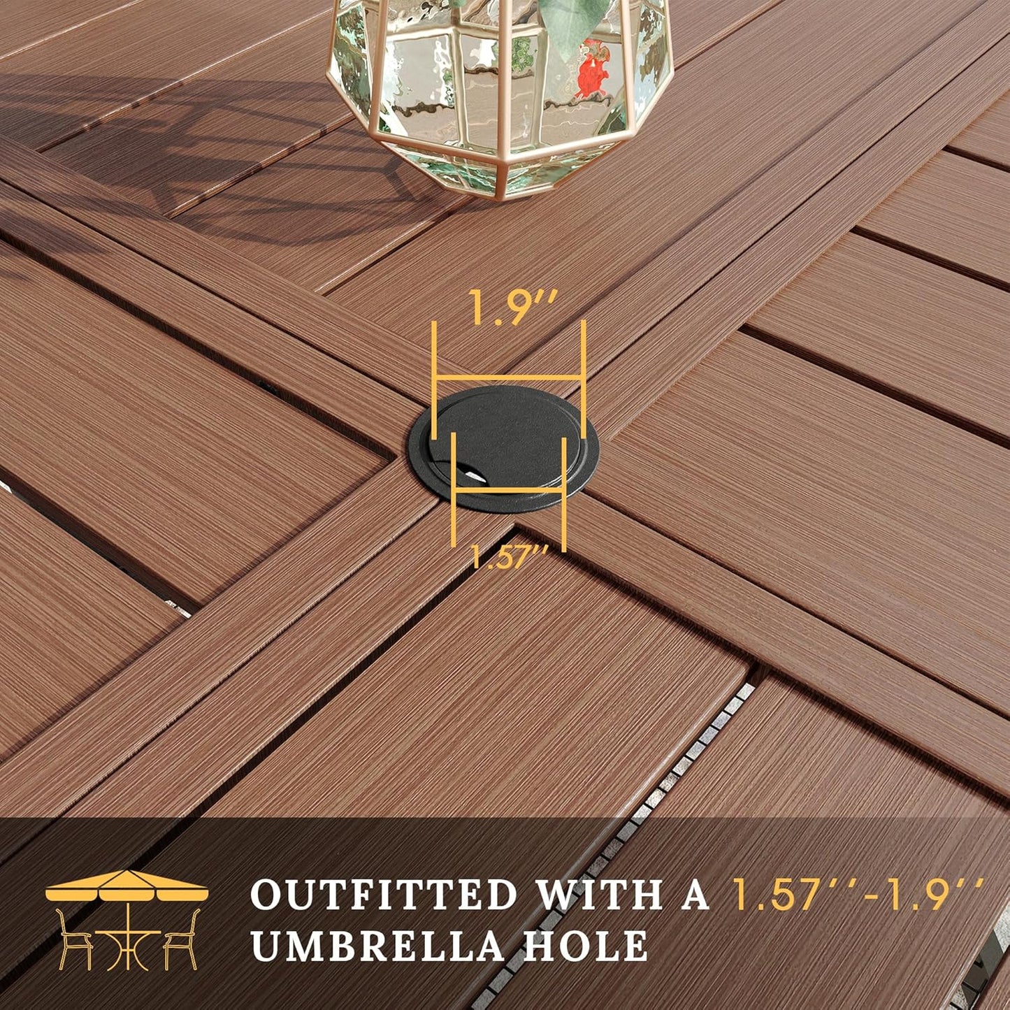 VICLLAX Round Patio Table with Adjustable Umbrella Hole for 6, All Weather Metal Outdoor Dining Table for Lawn Garden, 47.2" Outdoor Coffee Table, Walnut Wood-Like Tabletop