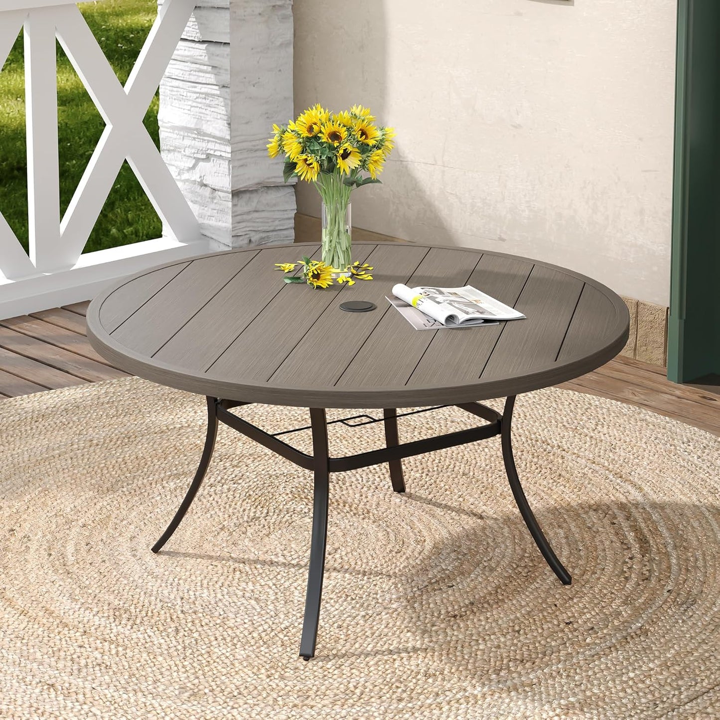 DIFY Patio Round Dining Table, 53" All Weather Round Outdoor Table with 1.57" Umbrella Hole for 8 Person, Perfect for Yard, Balcony and Lawn, Grey Wood-Like