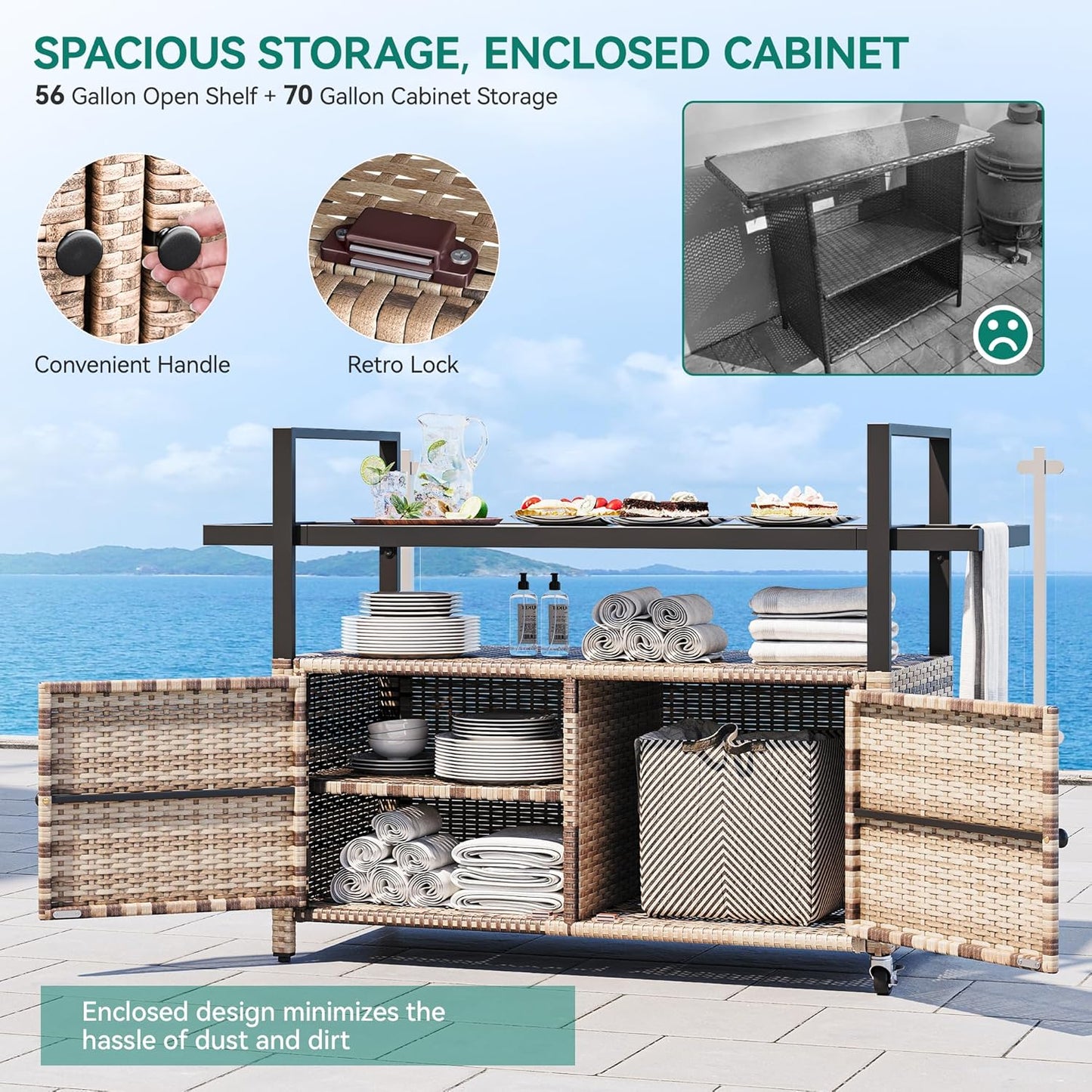 YITAHOME Large Outdoor Kitchen Wicker Island Rolling Cart & Patio Bar Table, w/Wheels and Black Glass Table Top Backyard and Poolside Light Brown