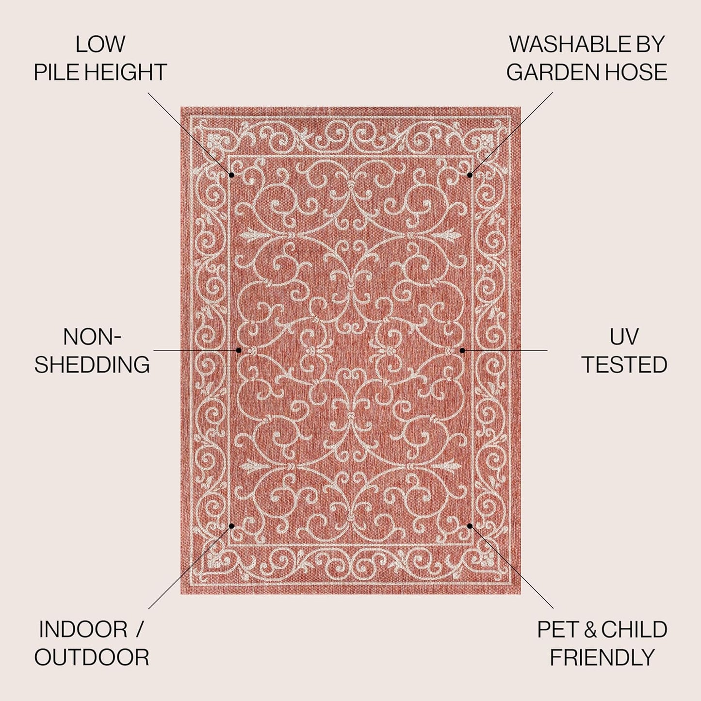 JONATHAN Y SMB106B-9R Charleston Vintage Filigree Textured Weave Red/Beige 9' Round Indoor/Outdoor Area Rug, Pet Friendly, Non-Shedding, Stain Resistant, Easy-Cleaning for Backyard, Patio, Porch