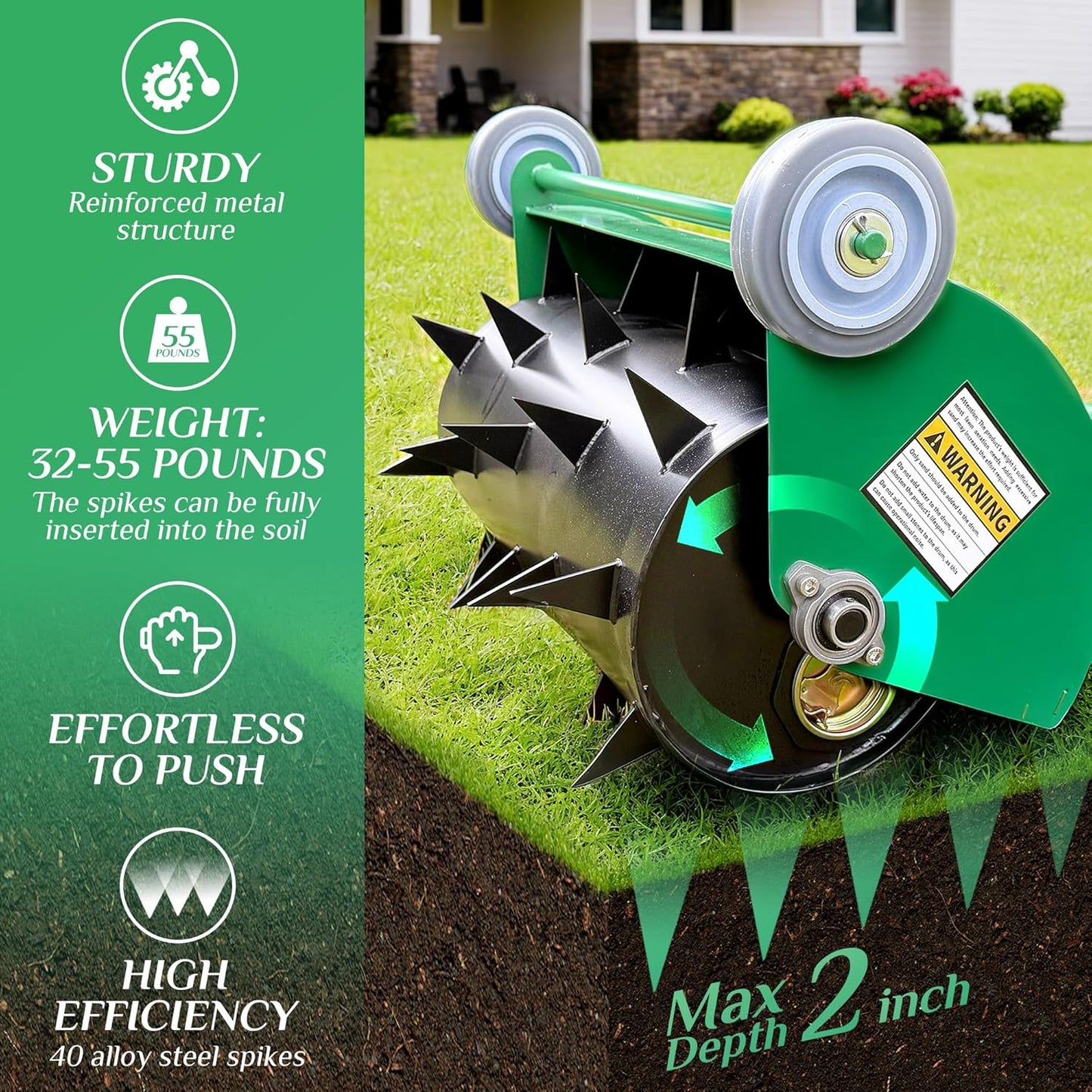 Rolling Lawn Aerator, Heavy Duty Push Spike Aeration Tool Up to 55 lbs, Manual Rotary Grass Aerator for Garden and Yard Use
