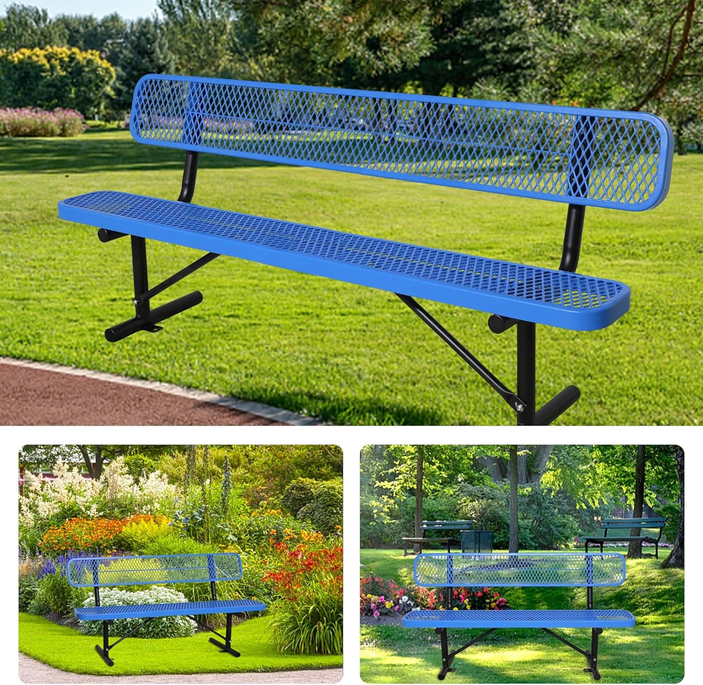 8FT Heavy Duty Park Bench with Back Portable Frame, Outdoor Steel Bench with Backrest, Outdoor Park Bench Expanded Metal Mesh Bench for Lawn, Park, Deck, Garden, Patio, Porch, Black (Blue, 8FT)