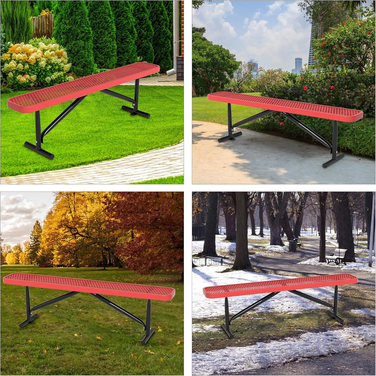 48" L Outdoor Steel Flat Bench, Heavy Duty Metal Park Bench for Outside, Expanded Metal, Commercial Benches Mesh Bench for Shopping Mall, Store, Lawn, Park, Patio, Deck, Garden (Red, 6FT)