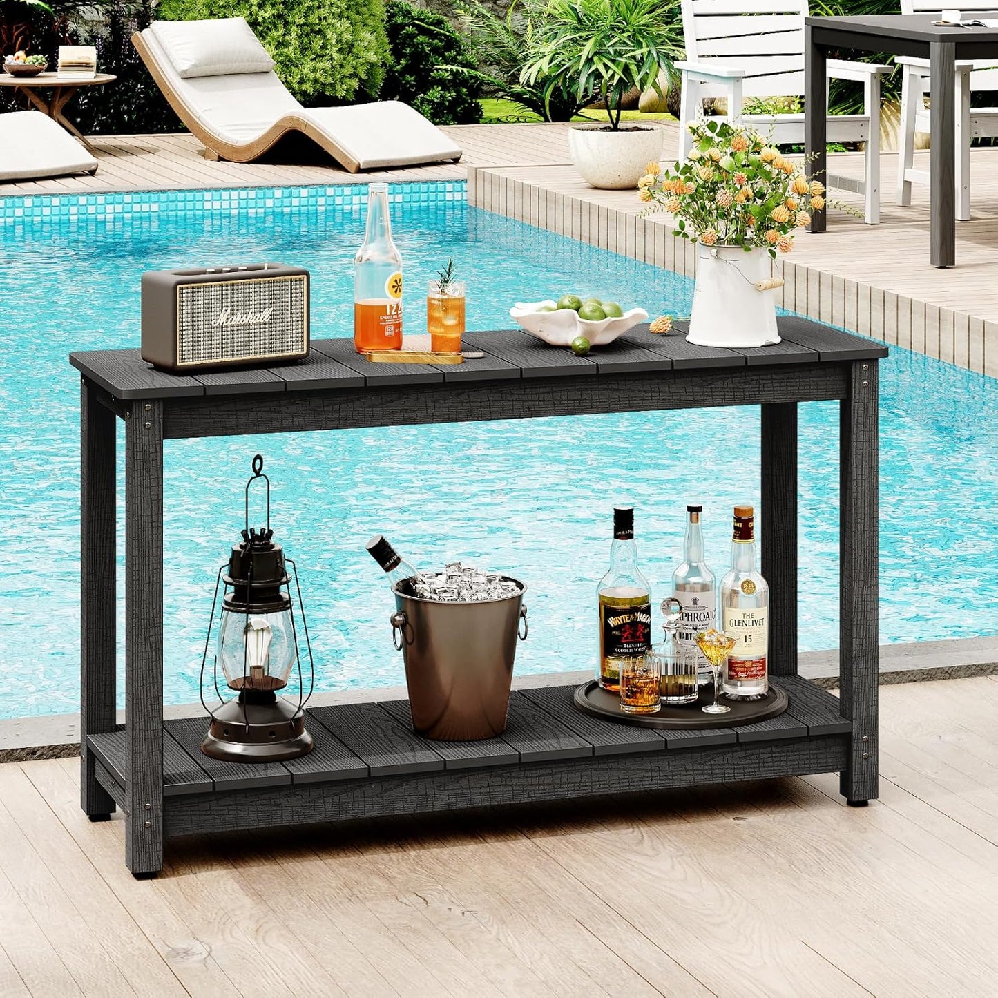 Outdoor Console Table, 48" Weather Resistant HIPS Patio Side Table, 440LBS Weight Capacity, 2-Tier Multifunctional Buffet Bar Storage Organizer for Garden Deck, Black