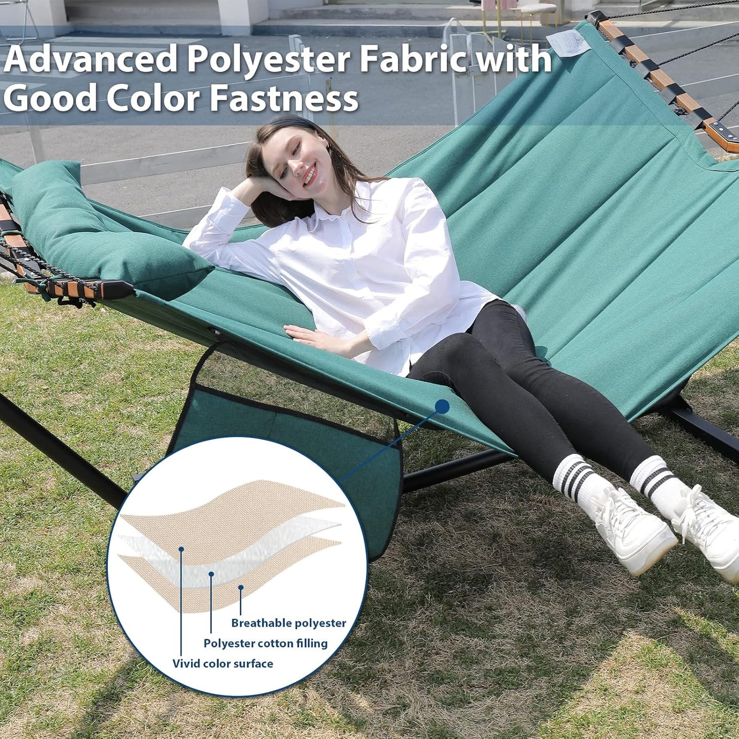 TegerDeger 12FT 2 Person Hammock Large Hammock 450LB Capacity with V Shaped Hardwood Spreader Bar & Nylon Rope for Outside, Patio, Garden, Backyard, Beach, Poolside - Lake Blue