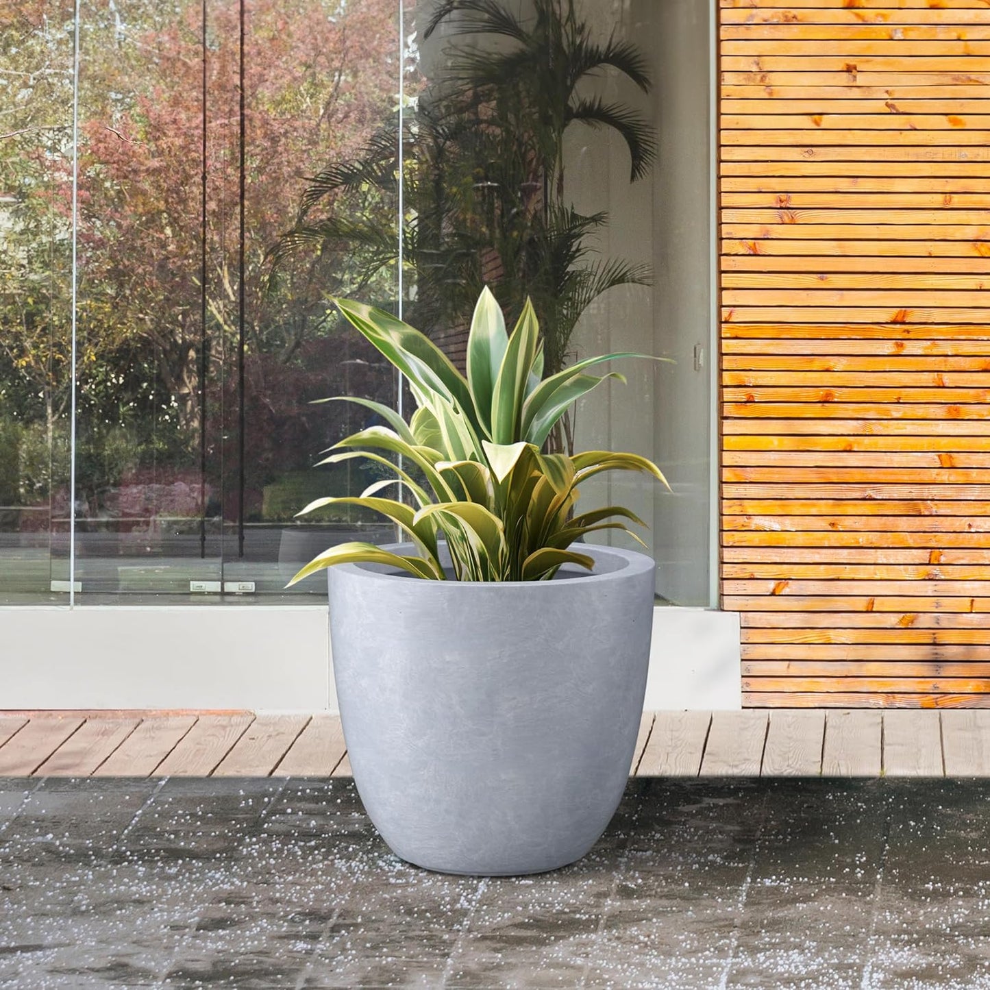 Kante 14 Inch Dia Round Concrete Planter, Indoor Outdoor Large Plant Pot with Drainage Hole and Rubber Plug for Home Patio Garden, Slate Gray