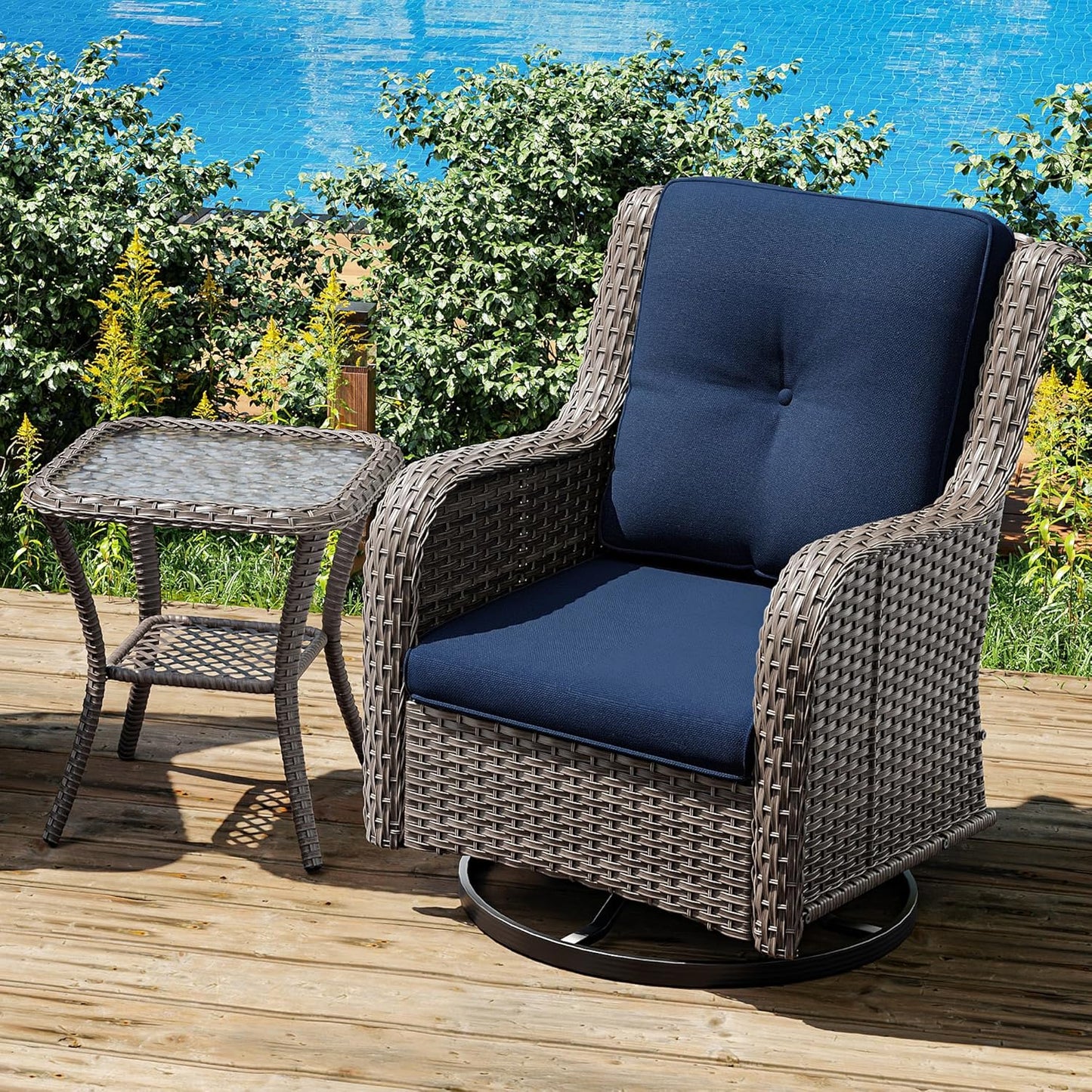 Joyside Outdoor Swivel Rocker Patio Chair and Matching Side Table - 2-Piece Wicker Patio Bistro Set with Premium Fabric Cushions (Brown Mixed with Grey/Blue)