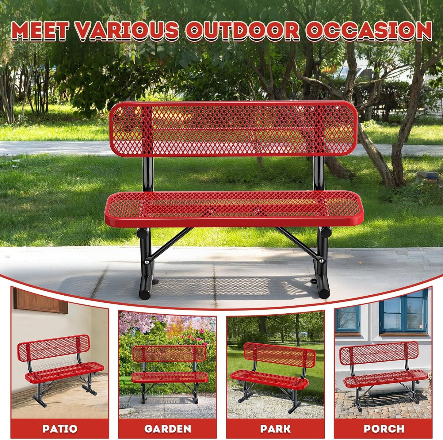 4 Feet Heavy Duty Park Bench with Back Portable Frame, Outdoor Steel Bench with Backrest, Expanded Metal Mesh Bench for Lawn, Park, Deck, Garden, Patio, Porch, Red