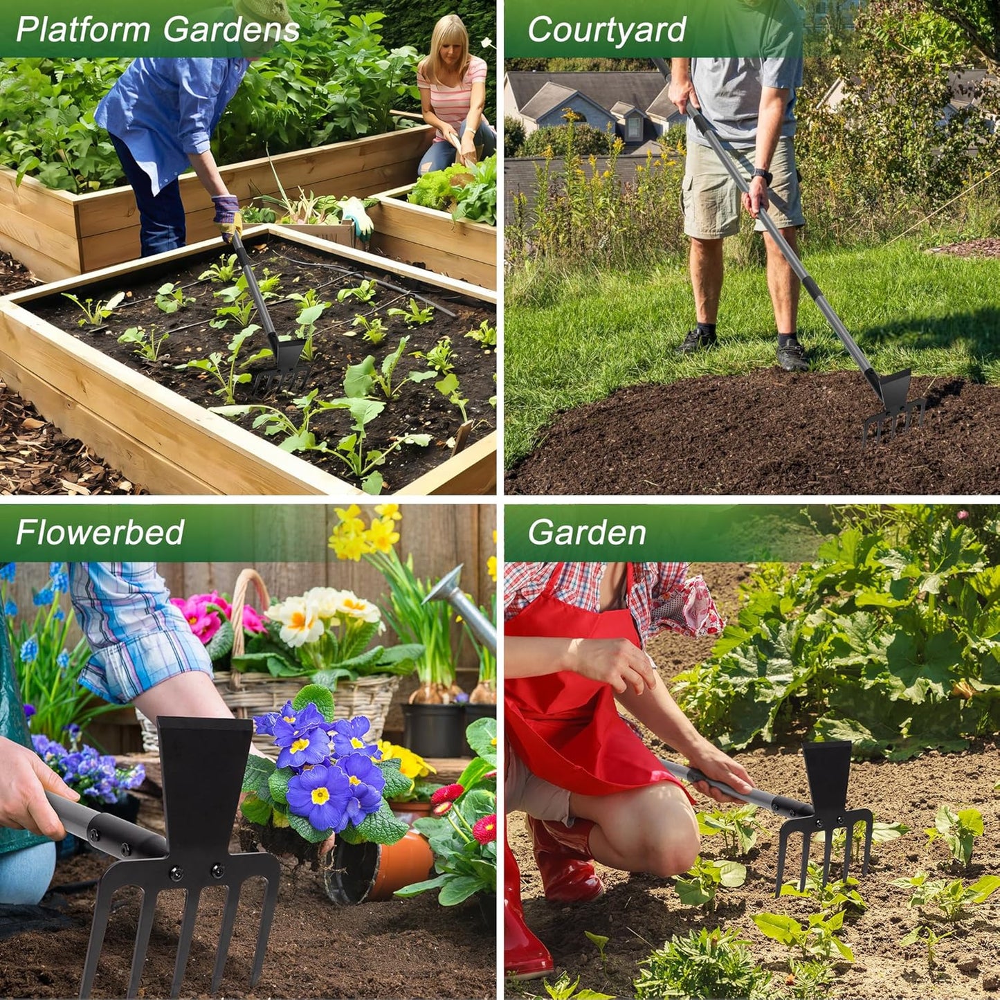 Walensee Hoe Garden Tool, 63 Inch Garden Hoe with Adjustable Long Handle for Weeding, 5-Tines Hoe Cultivator 2 in 1 Hand Weeder Tools for Yard Lawn Planting Gardening Digging