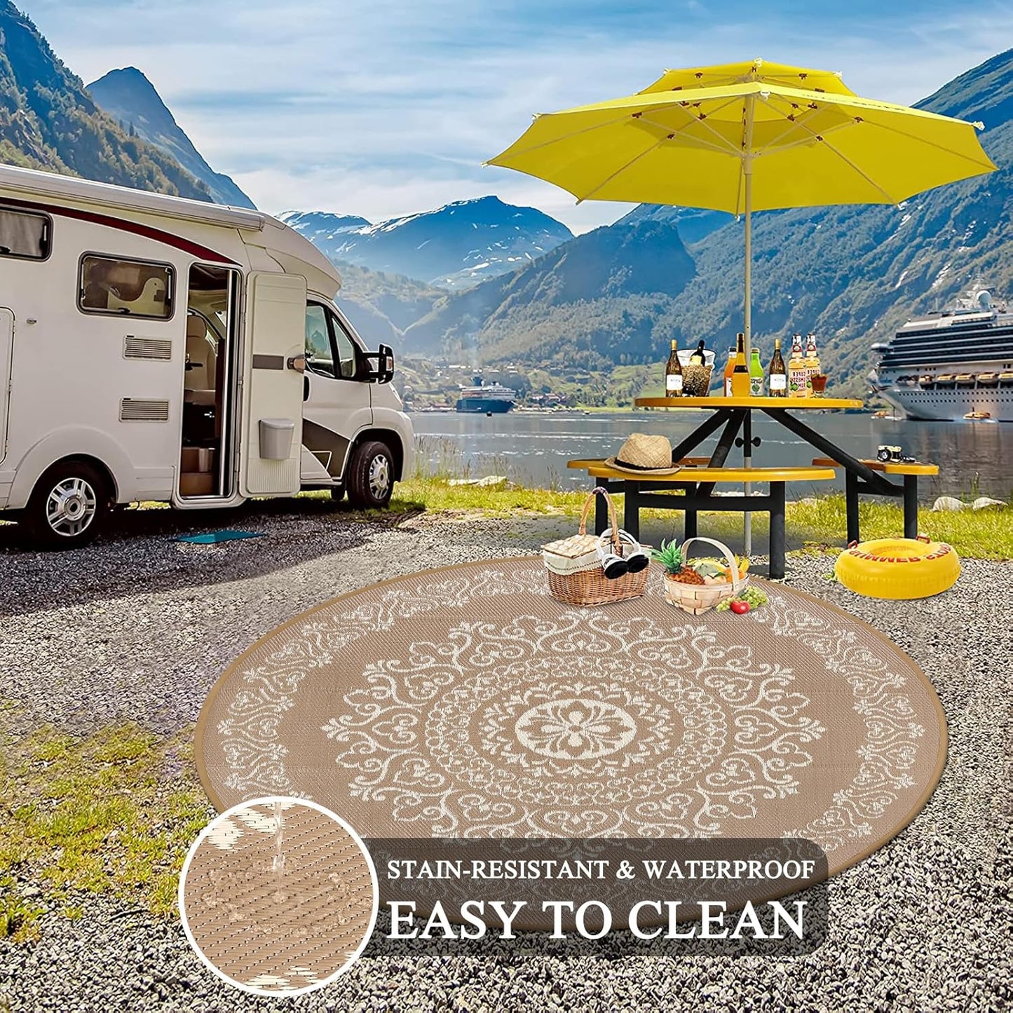 Pauwer Waterproof Outdoor Rug 6ft, Reversible Plastic Straw Patio Camping Rug, Indoor Outdoor RV Mat Carpet for Deck, Camper, Porch, Balcony, Backyard, Picnic, Floral Brown