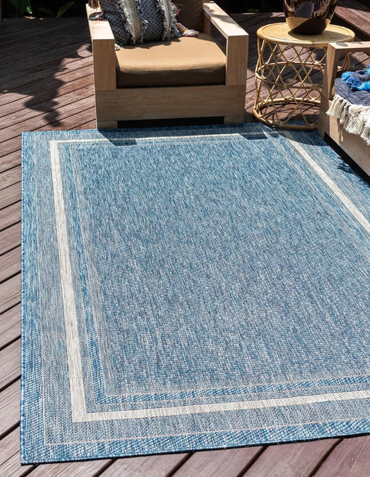 Unique Loom Outdoor Border Collection Area Rug - Soft Border (10' x 13' Rectangle, Blue/ Ivory)