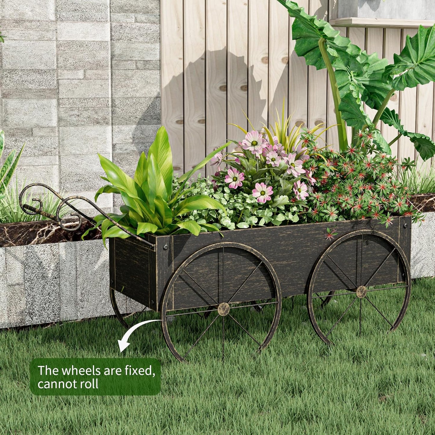 Small Raised Garden Bed Outdoor with Wagon Wheels, Metal Wagon Planter Box, Decorative Garden Planter for Flowers Herbs Vegetables, Flower Cart for Patio, Balcony (Retro Gold)