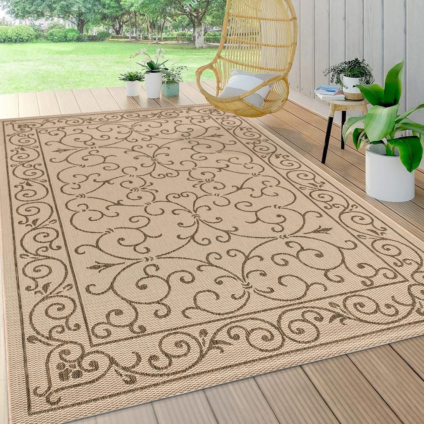 JONATHAN Y SMB106A-8 Charleston Vintage Filigree Textured Weave Indoor Outdoor Area Rug Classic Coastal Easy Cleaning Bedroom Kitchen Backyard Patio Non Shedding, 8 X 10, Beige/Brown