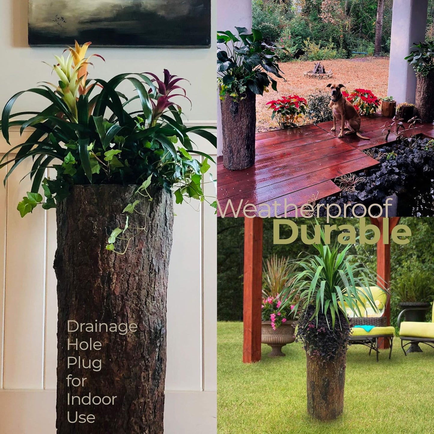 🌳 Large Hollow Log Planter. Outdoor Garden, Yard & Porch Pot. Tall Tree Stump Well Pump Cover. Weatherproof, Rustic, Natural Looking Deck & Patio Decor. Better Than a Fake Rock.