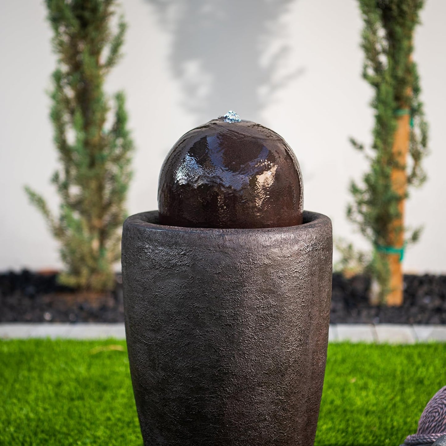 XBrand 25.98" H Round Stone Indoor/Outdoor Modern Stone Textured Sphere Water Fountain with LED Lights, Ball Fountain Decor for Garden, Patio, Outdoor, Brown