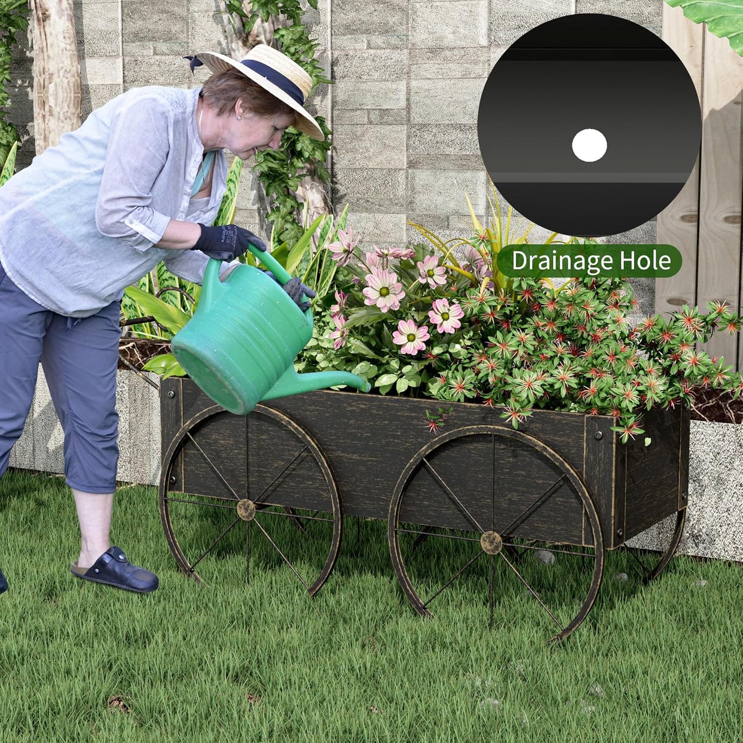 Small Raised Garden Bed Outdoor with Wagon Wheels, Metal Wagon Planter Box, Decorative Garden Planter for Flowers Herbs Vegetables, Flower Cart for Patio, Balcony (Retro Gold)